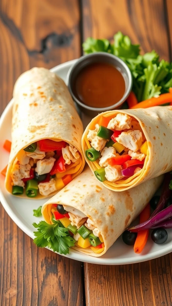 Quick and Easy Air Fryer Lunch Recipes Air fryer chicken wraps with vegetables and cheese on a plate, served with dipping sauce.
